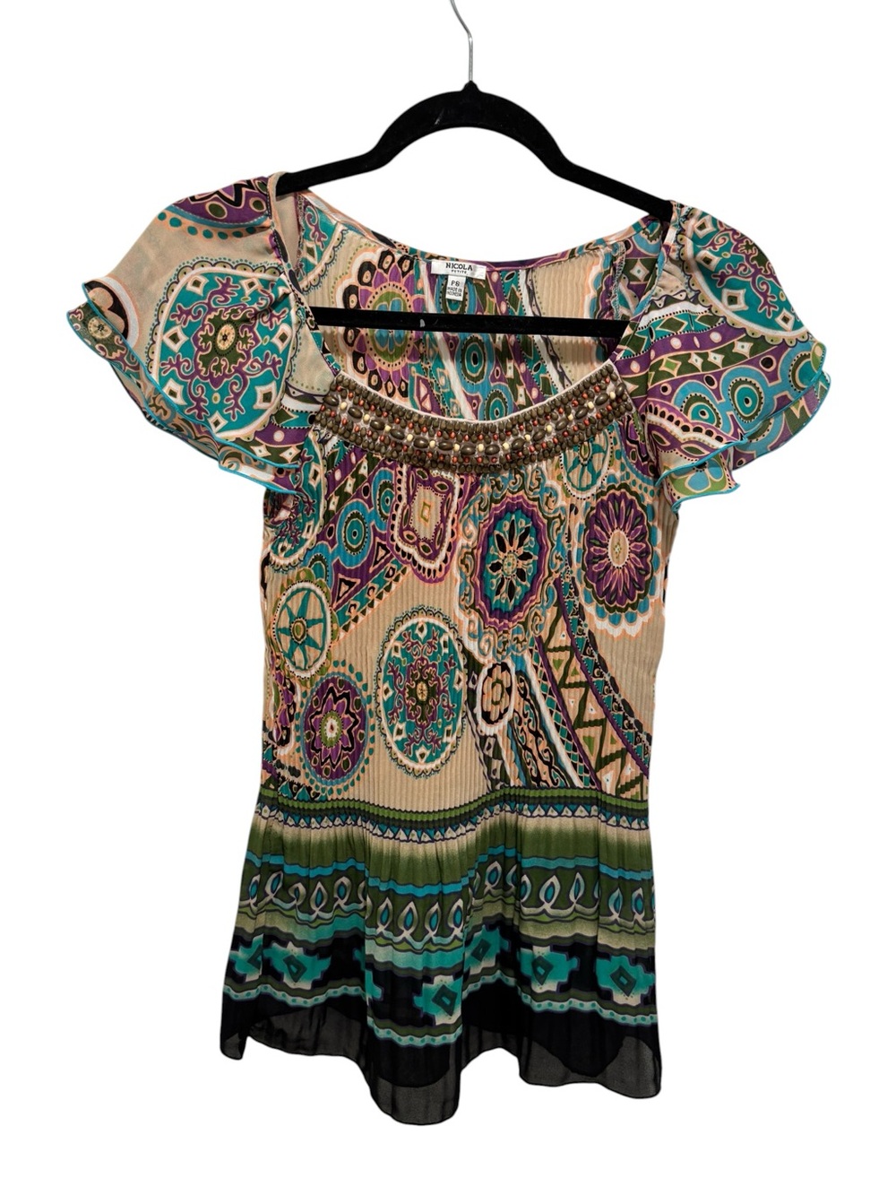 NICOLA Beige Teal Purple Beaded Medallion Tunic
